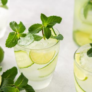 Refreshing drinks with lime and cucumber
